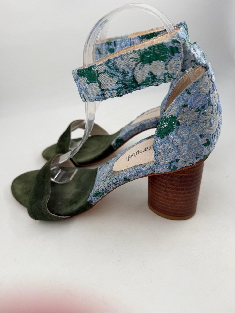 Jeffrey Campbell Purdy Blue Fabric Floral -SZ 8- Green Suede Block Heels Sandals - Picture 13 of 14